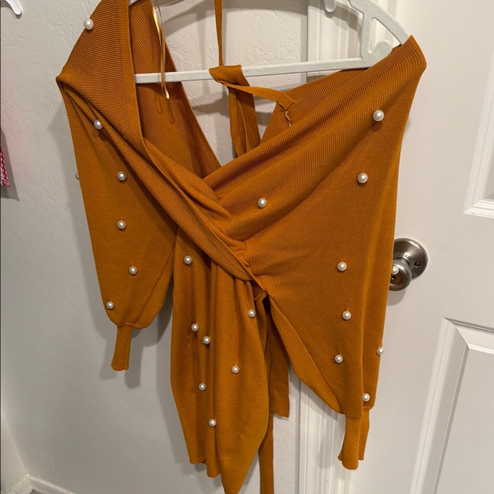 Pearl-Embellished Mustard Wrap Dress